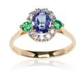 Złoty pierścionek z tanzanitem, szmaragdami i brylantami p-643-b