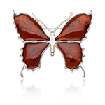 Srebrna, duża broszka z bursztynem w kształcie motyla.