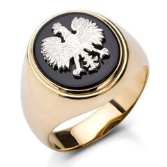 piękny złoty sygnet z orłem umieszczonym na onyksowej wstawce